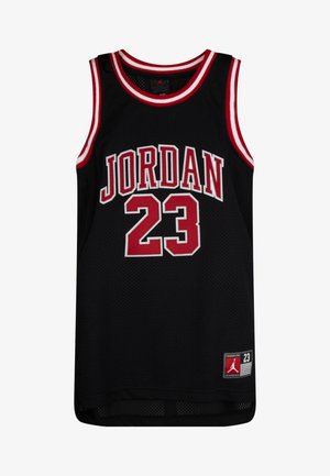 Svart baskettröja i meshmaterial med röda detaljer, texten "JORDAN", nummer "23" och en logotypetikett i botten.