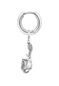 Silberner Creolen-Ohrring mit einem detaillierten Rosendesign, das in der Mitte hängt. Glatte, kreisförmige Form mit polierter Oberfläche und Klappverschluss.