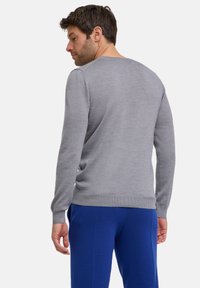 Grau gestrickter Pullover mit langen Ärmeln, Rundhalsausschnitt und geripptem Saum, getragen mit blauen Hosen. Zeigt die Rückansicht mit einer glatten Textur.
