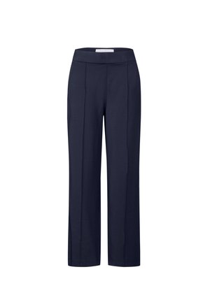 Pantaloni blu navy scuro su misura con taglio a gamba dritta e vita elasticizzata, mostrati su sfondo bianco.