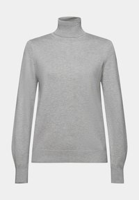 Pull à col roulé gris clair en tissu doux avec manches longues, coupe ajustée et col et poignets côtelés. Texture lisse, détails minimaux.