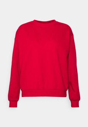 Sweatshirt à col rond à manches longues, de couleur rouge vif, avec des poignets et un ourlet côtelés, présenté sur fond blanc.