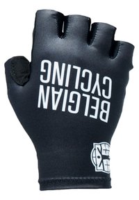 Zwarte fietshandschoenen met een open-vinger ontwerp. Glad stoffen textuur, met witte tekst "BELEGIANT CYCLING" en logo details.