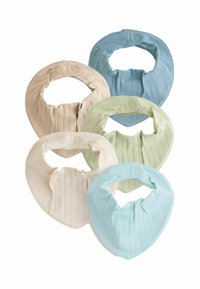 Sæt af fem stofvilleder i lyse farver: beige, mintgrøn, blød blå og lyseblå. Hver med en ribbet struktur og knaplukning.