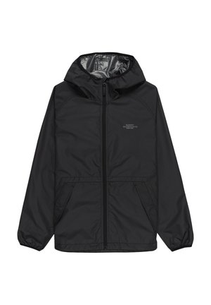 Black lightweight jacket with a hood, featuring a front zipper, elastic cuffs, and two side pockets. Smooth texture and simple design.
