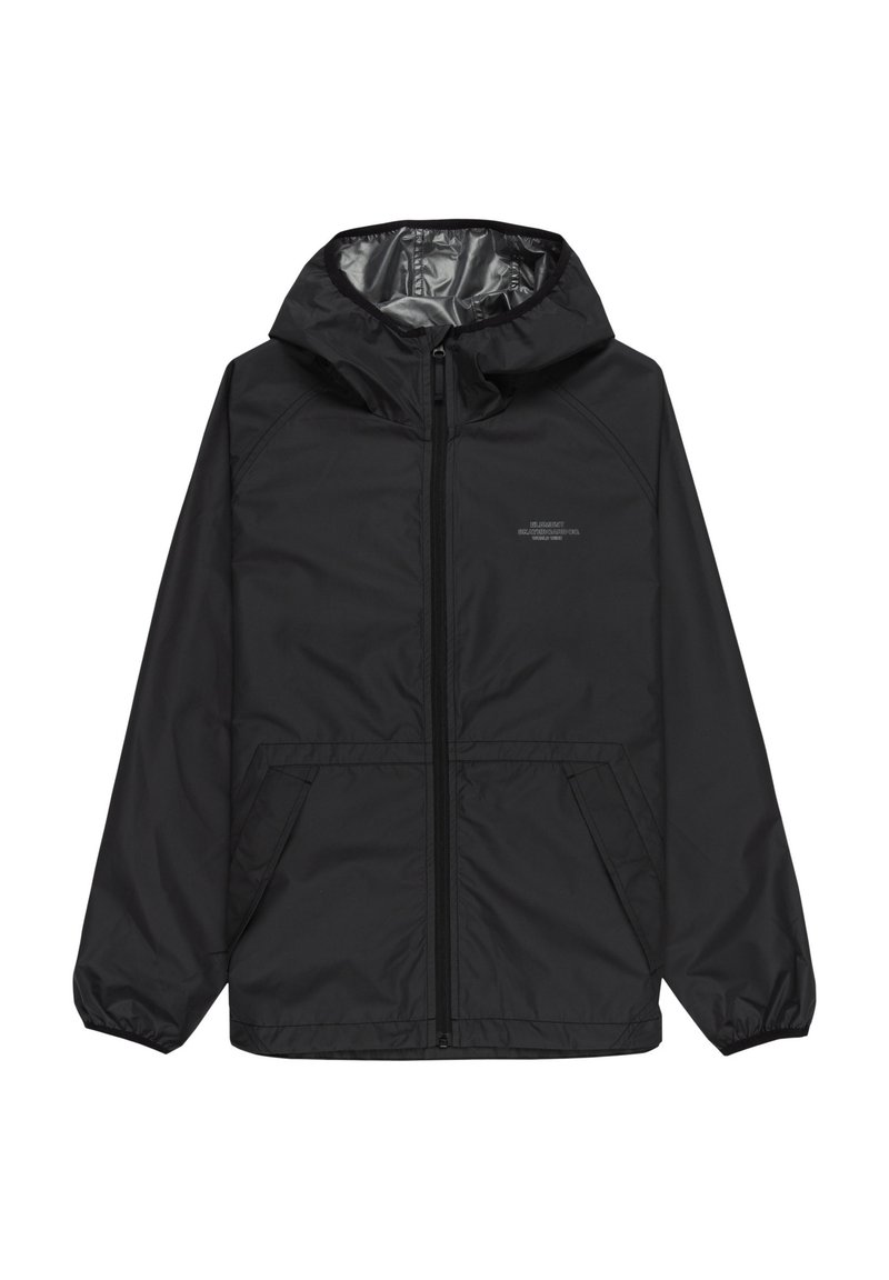 Black lightweight jacket with a hood, featuring a front zipper, elastic cuffs, and two side pockets. Smooth texture and simple design.