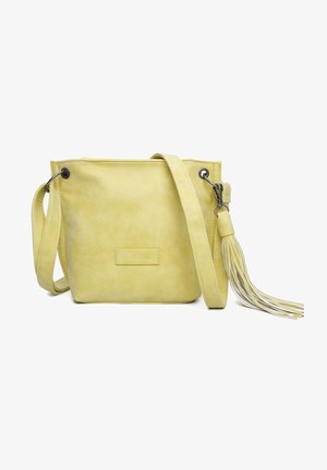 Gelbe Umhängetasche mit verstellbarem Riemen und langen Quaste-Details an der Seite, rechteckige Form mit glatter Oberfläche.