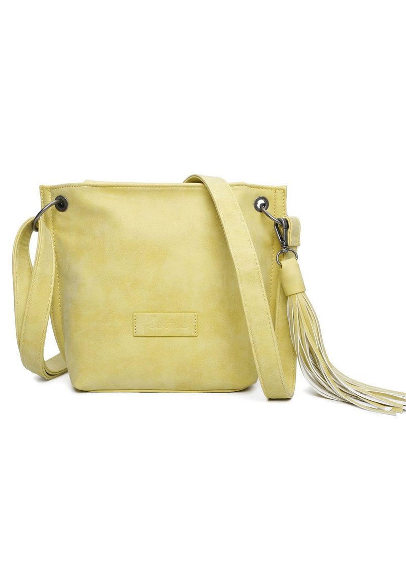 Žlutá přes rameno taška s nastavitelným popruhem a dlouhým třásňovým detailem na boku, obdélníkový tvar s hladkým povrchem.