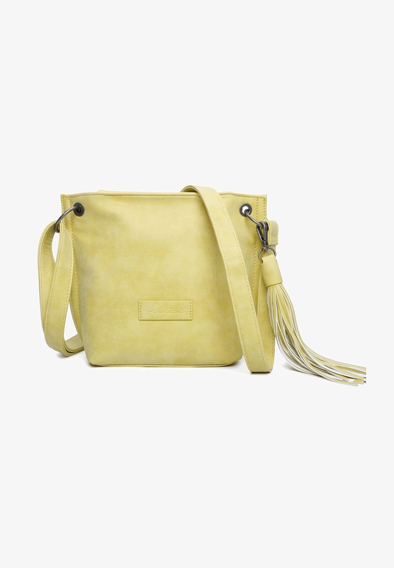 Žlutá přes rameno taška s nastavitelným popruhem a dlouhým třásňovým detailem na boku, obdélníkový tvar s hladkým povrchem.