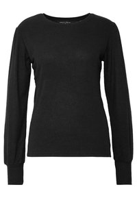 Top nero a maniche lunghe in costina con scollatura rotonda e polsini aderenti. Realizzato in tessuto morbido, presenta un motivo testurizzato su tutta la superficie.