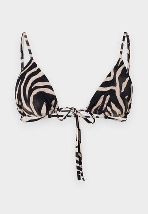 Top de bikini triunghiular cu dungi de zebră negre și bej și bretele subțiri reglabile, legat în față cu o fundă.