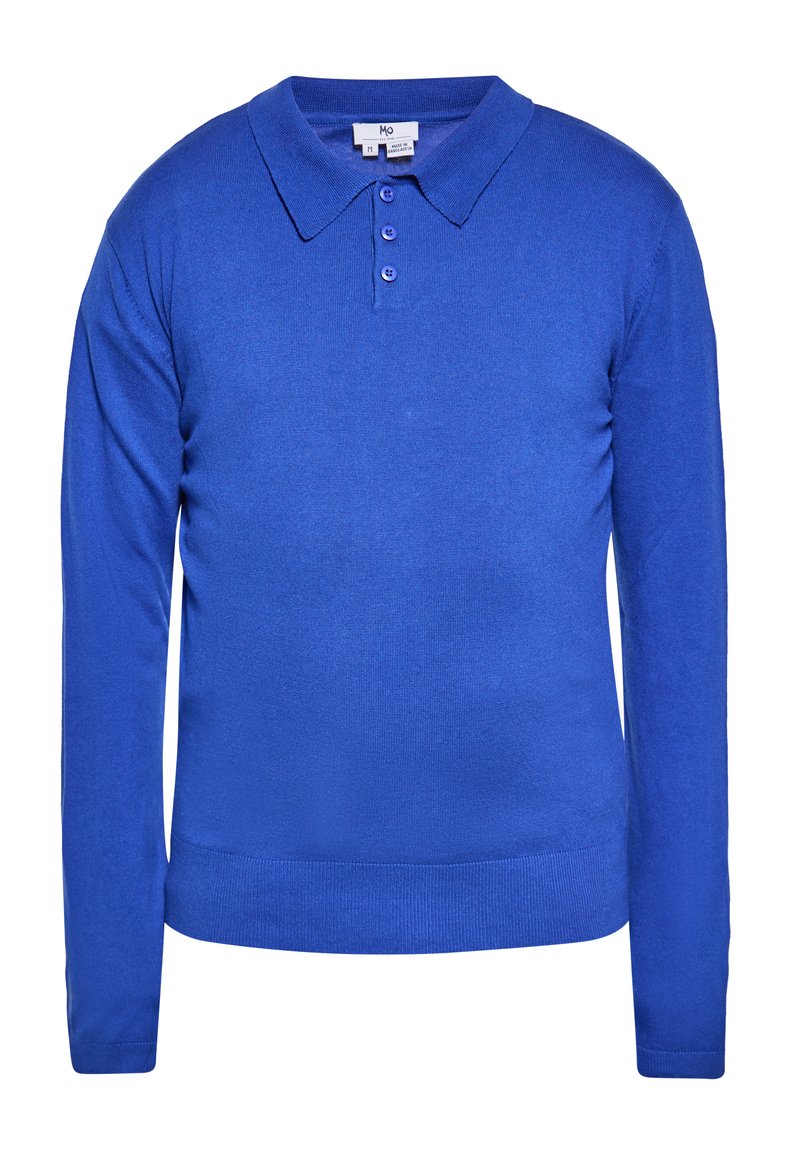 Blaues Langarm-Polohemd aus weichem Strickmaterial. Verfügt über einen Kragen, drei Knöpfe und einen gerippten Saum für eine taillierte Passform.