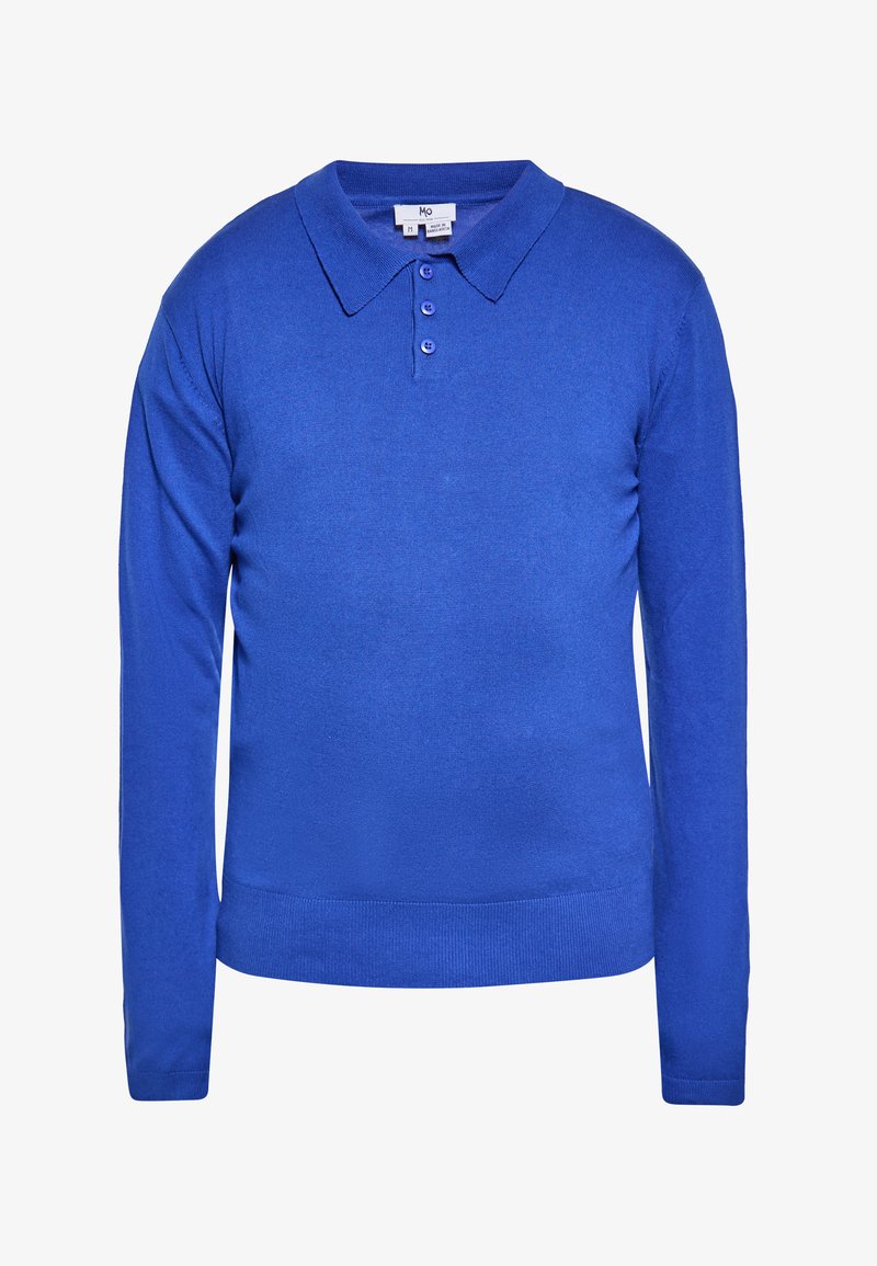Polo de culoare albastră, cu mâneci lungi, fabricat dintr-un material tricotat moale. Dispune de un guler, trei nasturi și un tiv elastic pentru un aspect ajustat.