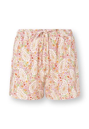 Lichte stoffen shorts met een bloemen- en paisleypatroon in oranje, roze en groene tinten, voorzien van een elastische tailleband en een trekkoord aan de voorkant.