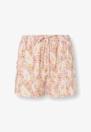 Lichte stoffen shorts met een bloemen- en paisleypatroon in oranje, roze en groene tinten, voorzien van een elastische tailleband en een trekkoord aan de voorkant.