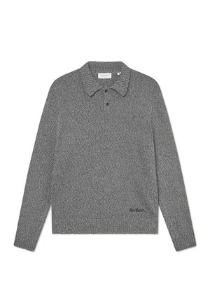 Gray knit polo shirt with a textured design, long sleeves, a collared neckline, three buttons, and embroidered detail on the hem.