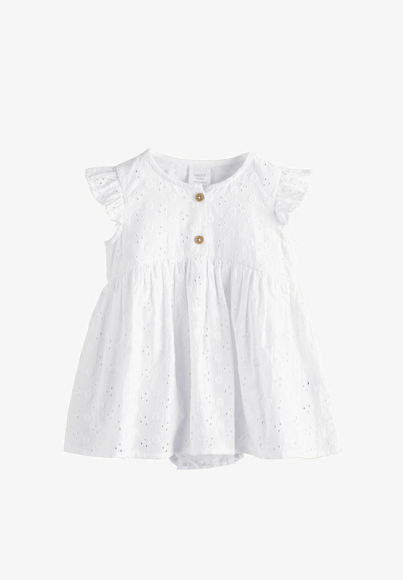 White baby dress with short ruffled sleeves, eyelet floral pattern, two wooden buttons on the chest, and gathered skirt with snap closures.