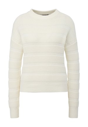Biela pletená sveter s horizontálnym prúžkovým vzorom, má okrúhly výstrih a rebrované manžety a lem. Štruktúrovaná tkanina pridáva rozmer.