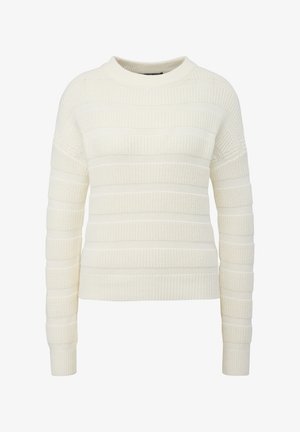 Biela pletená sveter s horizontálnym prúžkovým vzorom, má okrúhly výstrih a rebrované manžety a lem. Štruktúrovaná tkanina pridáva rozmer.
