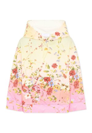 Felpa con cappuccio con sfondo sfumato dal rosa al giallo pallido e stampa floreale multicolore che copre l’intero indumento.
