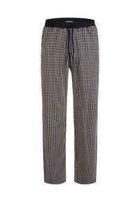 Zwart en beige geblokte broek met een trekkoord in de taille. Gemaakt van zachte stof, met een losse pasvorm en rechte pijpen.