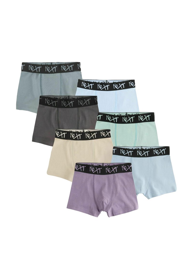 Set aus sieben Jungen-Boxershorts in verschiedenen Farben: Grau, Lavendel, Beige, Hellblau, Mintgrün, mit schwarzen Logobündchen. Weiches Baumwollmaterial.