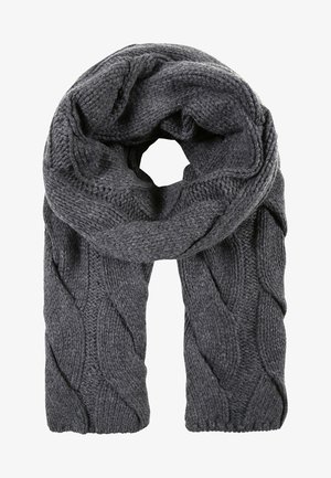 Écharpe en laine tricotée gris foncé avec un motif torsadé, pliée en boucle avec les deux extrémités pendantes.