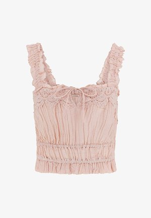Svijetloružičasti kratki top s volanima na naramenicama, teksturiranim materijalom i čipkastim detaljima na izrezu. Ima naborani struk i prilagodljivu vezicu.