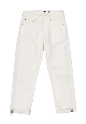 Jean blanc à jambes droites avec poignets retroussés et une étiquette à la taille affichant un petit logo et le numéro 01.