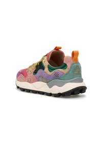 Multicolored sneaker with suede and mesh materials. Features a thick sole, padded collar, and a prominent heel tab. Various shades including pink, green, and blue.