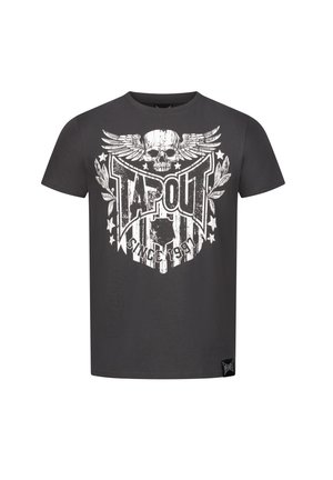 Szara bawełniana koszulka z dużą białą grafiką czaszki z skrzydłami oraz napisem "TAPOUT", otoczona gwiazdkami i dekoracyjnymi elementami.