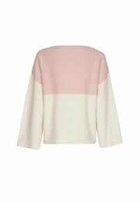 Un pull avec un design court, fabriqué en tissu doux, avec un motif bicolore rose et crème, et de larges manches mi-longues.