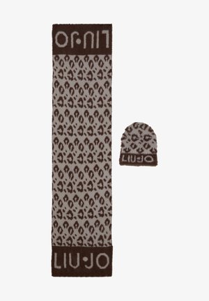 Écharpe imprimé léopard marron et beige et bonnet assorti, tous deux avec le texte "LIU·JO" sur les bords.