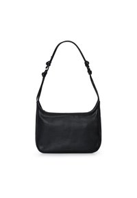 Borsa a spalla in pelle nera con una consistenza morbida, forma arrotondata e dettagli della tracolla annodati, dotata di un unico scomparto per lo stoccaggio.