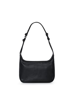 Borsa a spalla in pelle nera con una consistenza morbida, forma arrotondata e dettagli della tracolla annodati, dotata di un unico scomparto per lo stoccaggio.