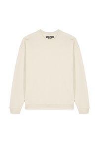 Felpa crema con maniche lunghe, scollatura rotonda, polsini e orlo a coste, e una texture sottile. Etichetta con la scritta "MIRA PARIS."