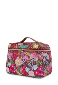 Bloemen cosmeticazak met multicolor stof, gouden rits, leren handvat. Kenmerkt zich door een levendige mix van bloemen en speelse ontwerpen.