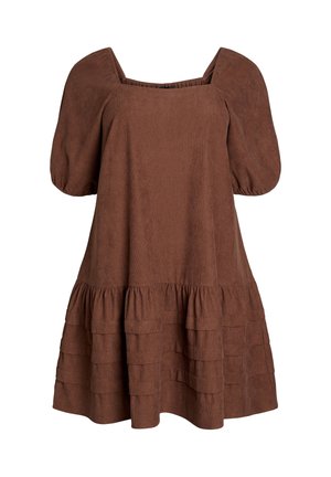 Vestido marrón con mangas abullonadas, escote cuadrado, dobladillo de volantes en capas y textura suave, confeccionado en una tela ligera.