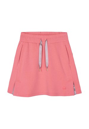 Pink elastic waist skirt with gray drawstrings, side pockets, and small side slits.