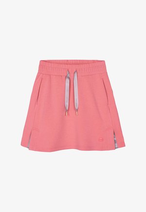 Pink elastic waist skirt with gray drawstrings, side pockets, and small side slits.