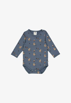 Body a maniche lunghe in cotone blu con una stampa giocosa di animali della foresta, dotato di bottoni a pressione sulla spalla e sul fondo per facilitare il cambio.