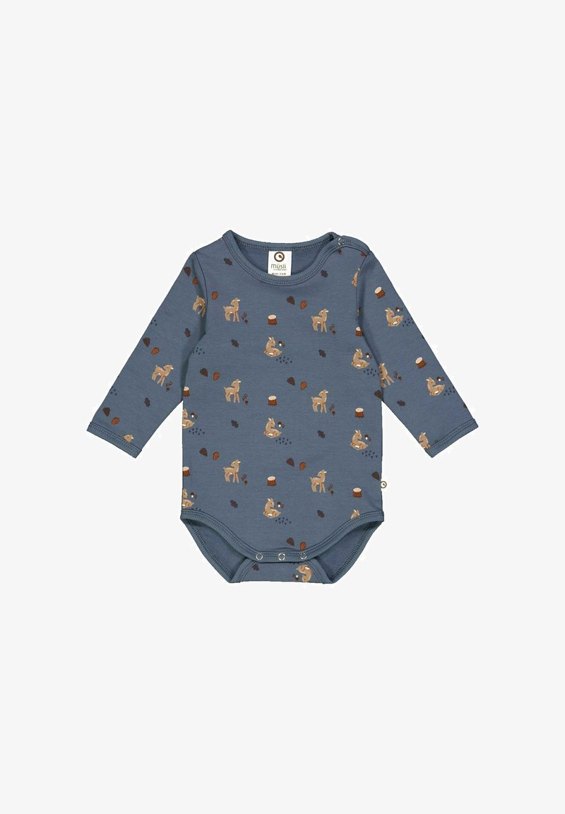 Bodysuit s dlouhým rukávem z modré bavlny s hravým potiskem lesních zvířat, vybavený patentkami na rameni a na spodní části pro snadné oblékaní.