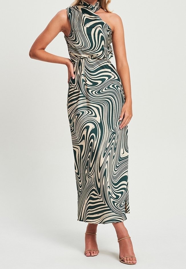 Vestido maxi sin mangas, de un solo hombro, en patrones en espiral verde y beige, elaborado con una tela suave, con cintura ajustada y abertura lateral.