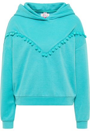 Türkiser Kapuzenpullover aus strukturiertem Stoff, mit einem Pompom-Besatz entlang des Ausschnitts und gerippten Bündchen an den Ärmeln und am Saum.