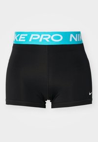 Czarne spodenki sportowe z turkusowym paskiem Nike Pro. Wykonane z elastycznego materiału, z płaskimi szwami i małym logo Nike na nodze.