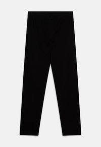 Black leggings made of soft fabric; feature an elastic waistband for comfort. Designed with a fitted silhouette and seamless construction.
