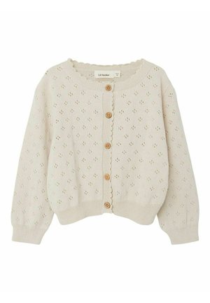 Gestrickte Strickjacke in hellem Beige mit einem gezackten Ausschnitt, Knopfverschluss und durchgehendem Rautenmuster mit Lochstrick. Lange, leicht aufgepuffte Ärmel.