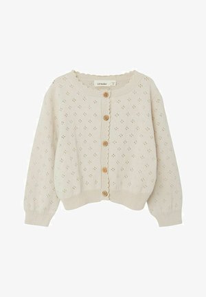 Strikket cardigan i lysebeige med bølget halsudskæring, knaplukning og diamantformet hulmønster over hele. Lange, let pufærmer.