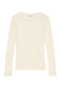 Långärmad ribbad topp i off-white. Har en rund halsringning och ett mjukt, texturerat tyg för komfort. Stilig men enkel design.