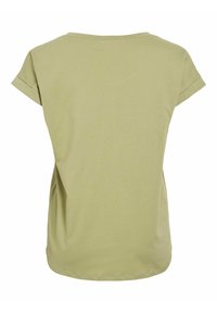 T-shirt vert clair à manches courtes avec un col rond, en tissu doux et à coupe décontractée. Il présente un ourlet incurvé et des coutures minimales.